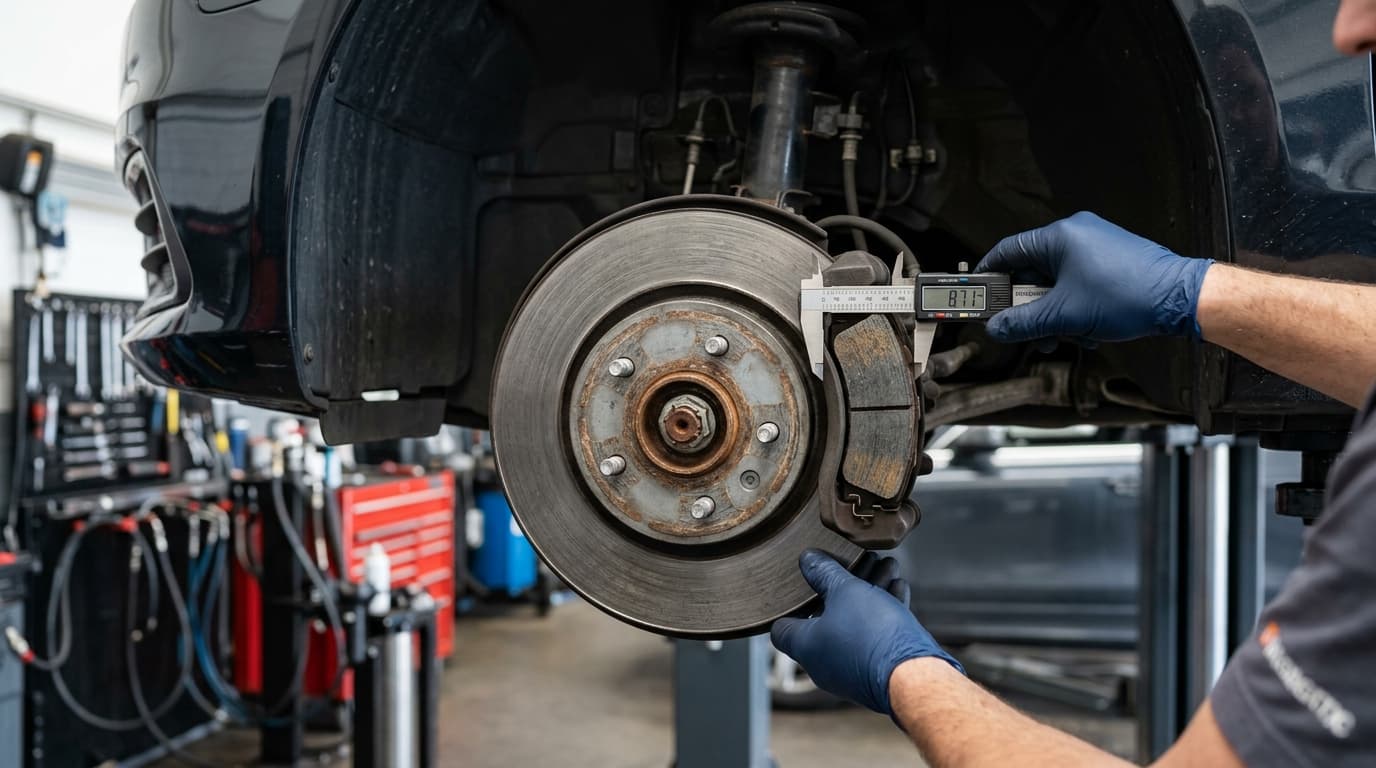 Mechanic measuring brake pad thickness with calipers on a lifted vehicle